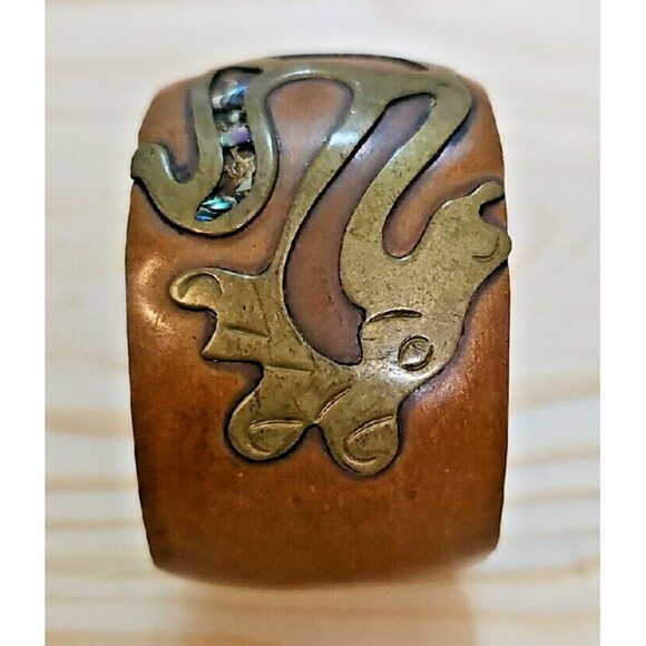 Vintage Handmade Seahorse Cuff Bracelet Copper Brass Abalone Shell Inlay Aztec - Picture 3 of 9